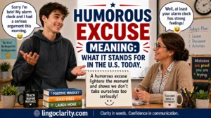 Illustration of a student giving a playful excuse to a teacher to explain the meaning of humorous excuse.