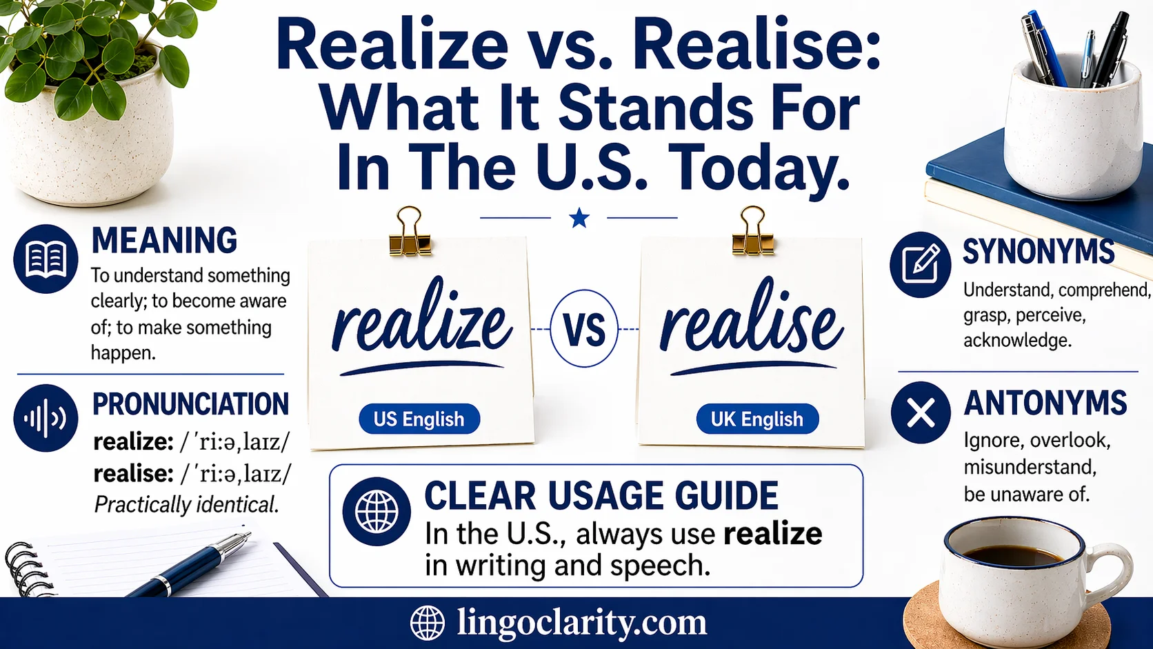 Two spelling cards comparing realize and realise for US and UK English.