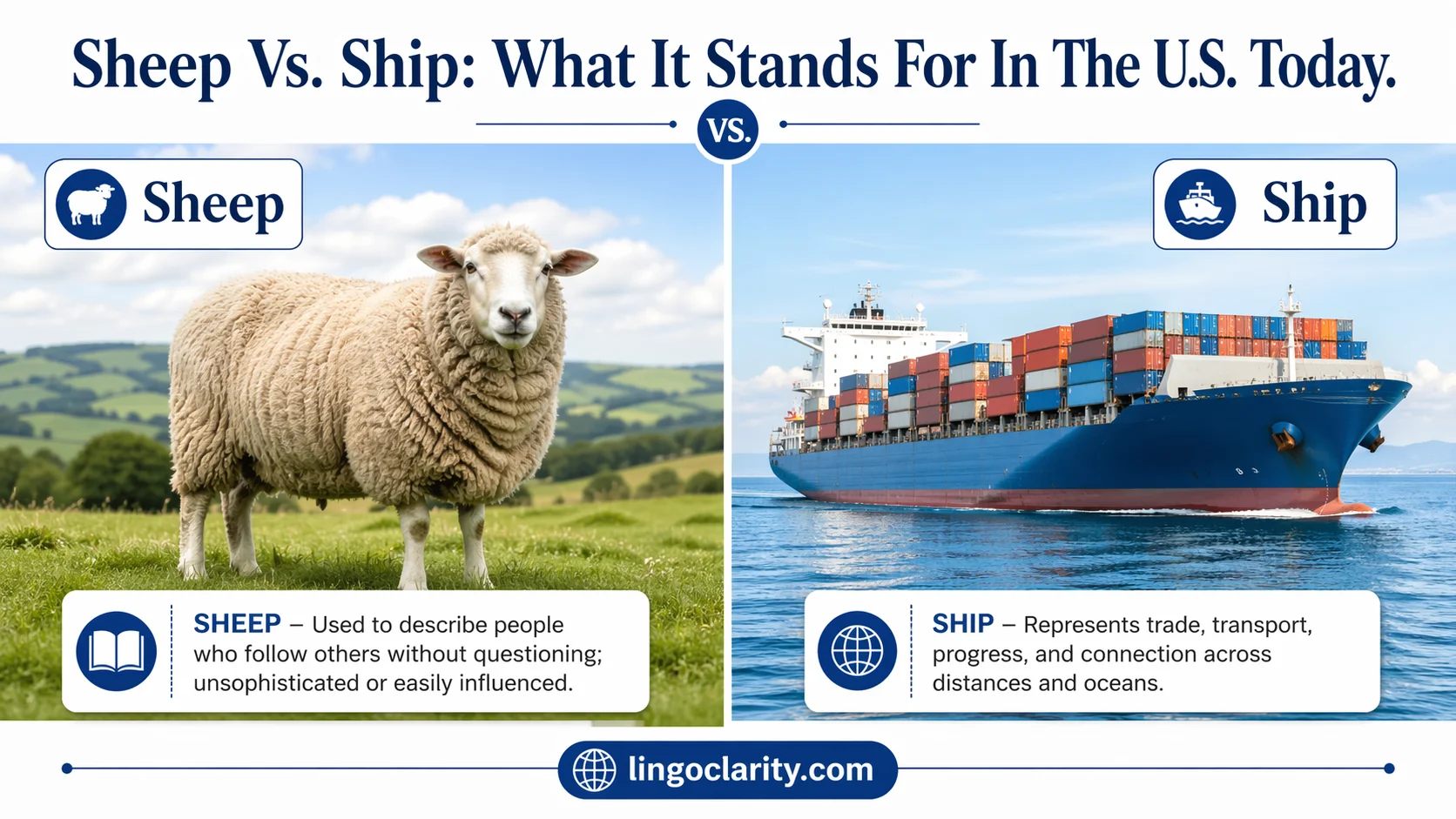 Sheep in a field beside a large ship on water to show the difference between sheep and ship.