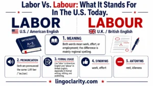 Graphic comparing Labor and Labour as US and UK spelling variants of the same word.