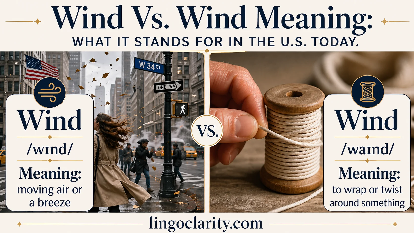 Wind vs. wind meaning shown with a windy street and a hand winding a cord
