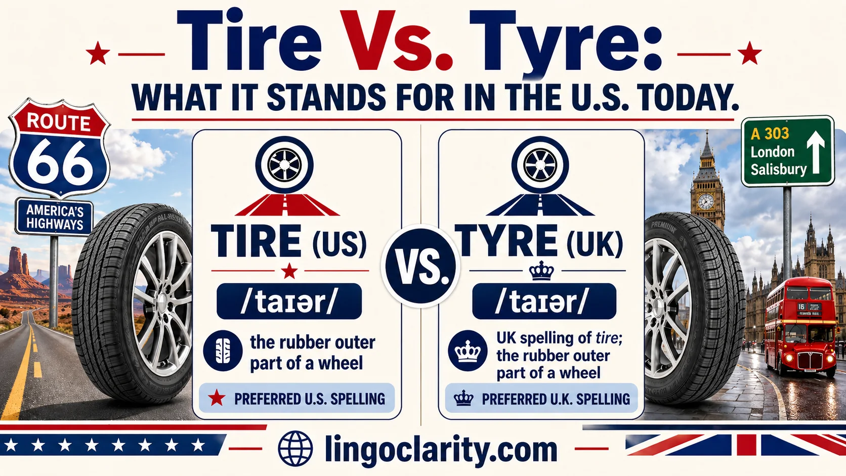 Tire vs. Tyre spelling comparison for US and British English.