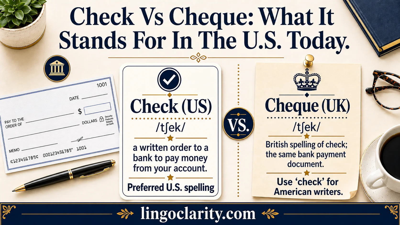 US bank check with a spelling note comparing check and cheque.