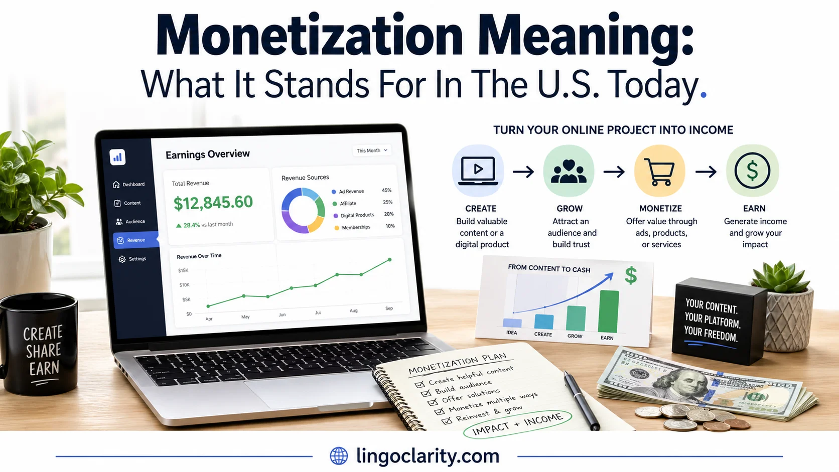 Laptop, coins, notes, and chart showing the idea of turning a project into income.