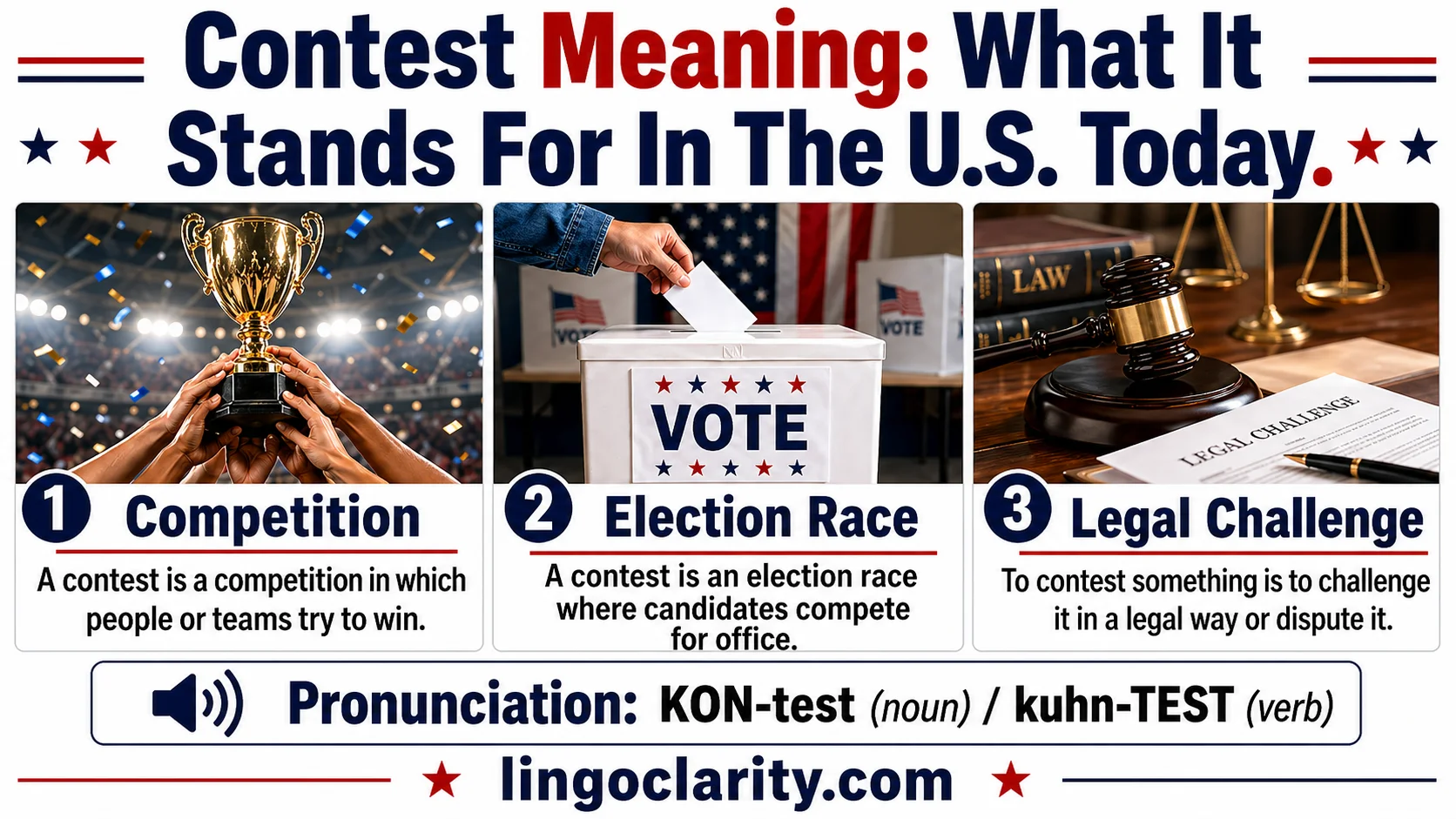 Vocabulary guide explaining contest as a competition or formal challenge.