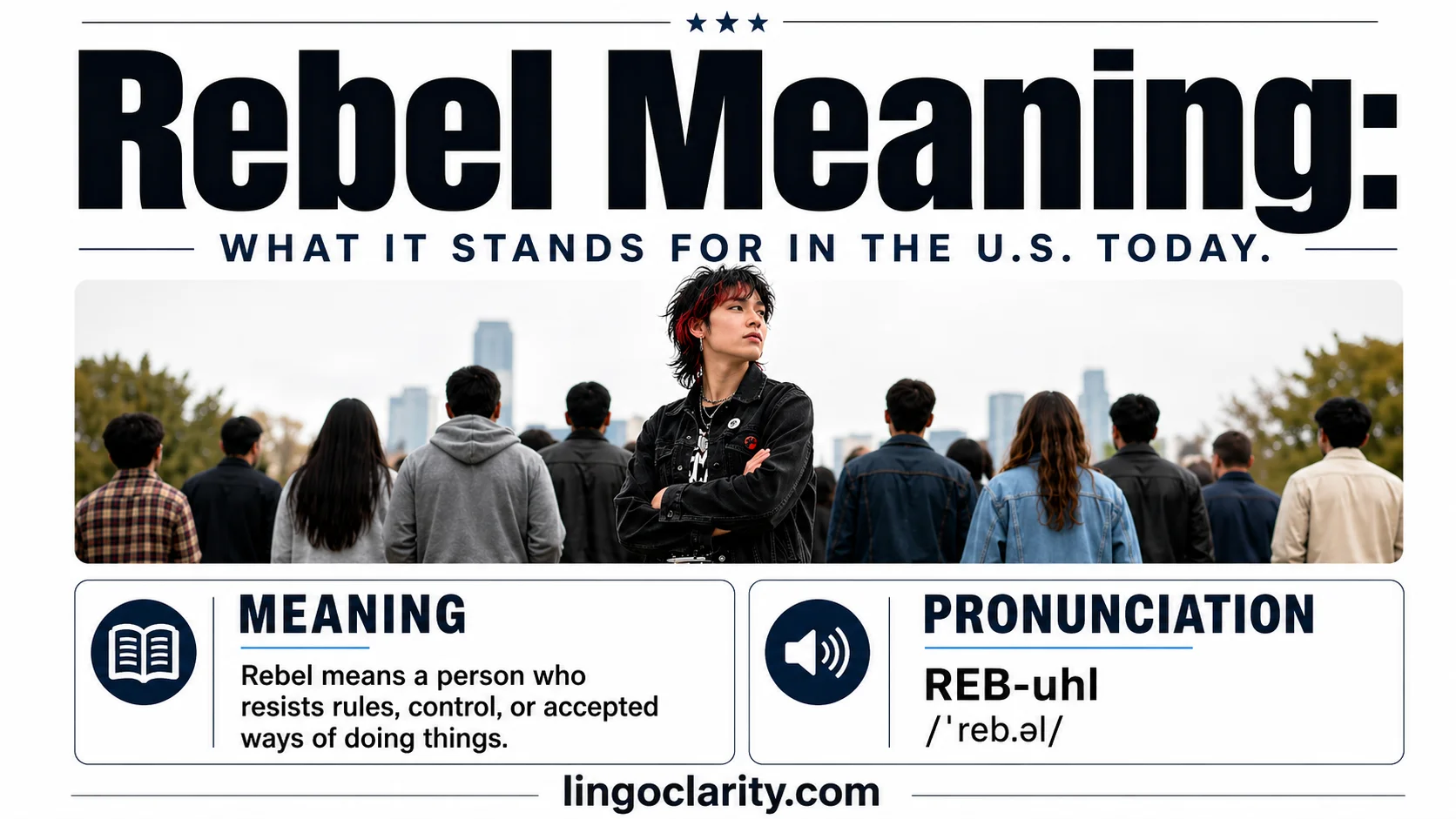 Person standing apart from a crowd to show the meaning of rebel.