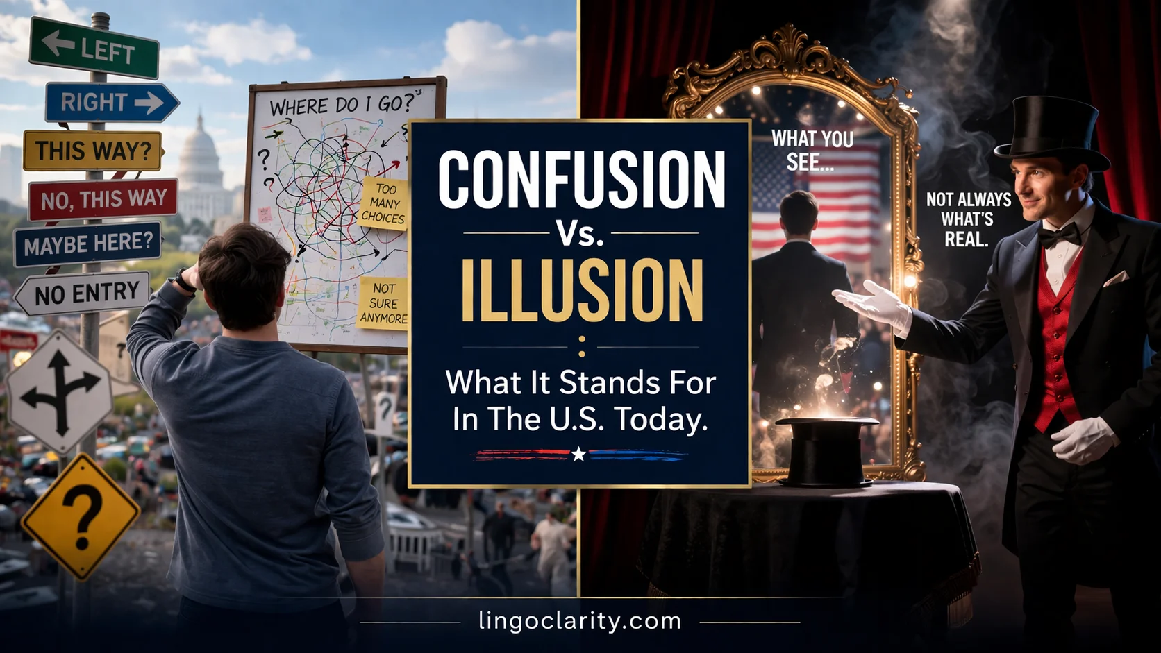 Split-screen image showing confusion as uncertainty and illusion as a false appearance.