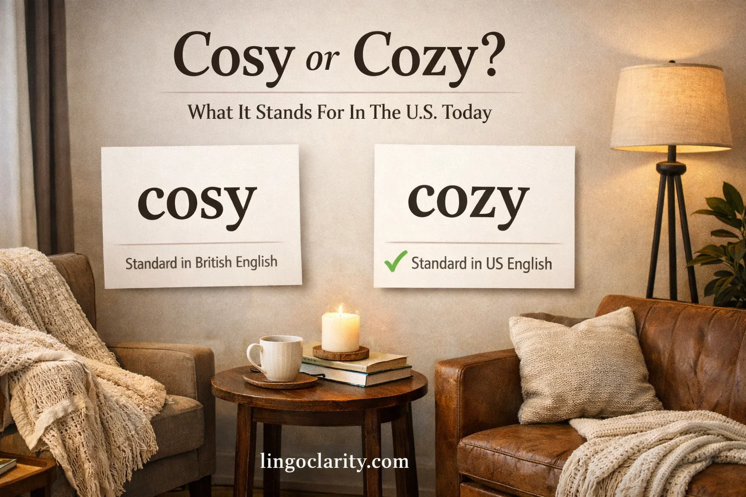 Editorial spelling guide image showing “cozy” marked as standard in US English and “cosy” marked as standard in British English in a warm reading-nook setting.