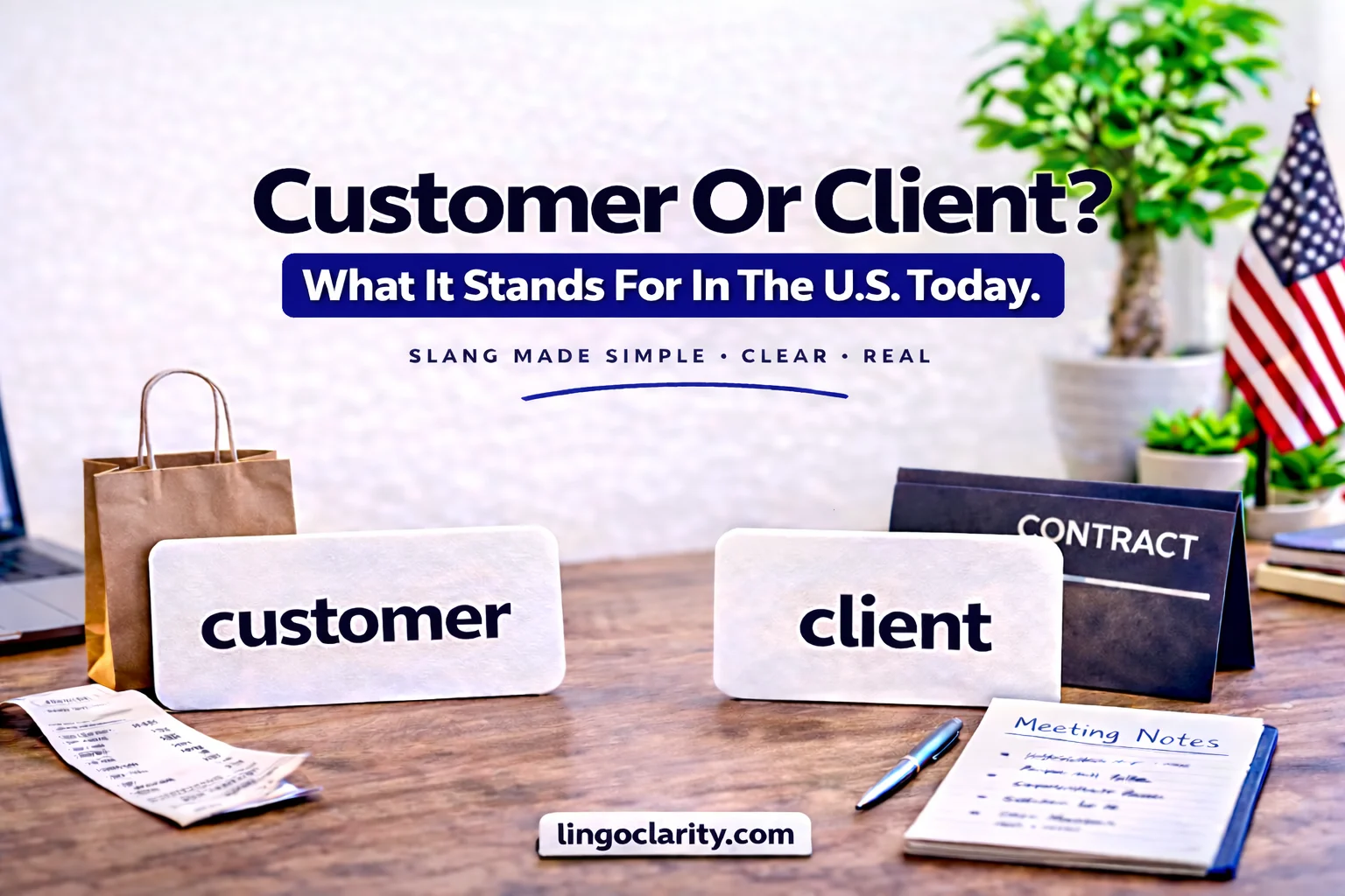 Editorial image showing the words customer and client with retail and professional-work cues for a US English usage guide.