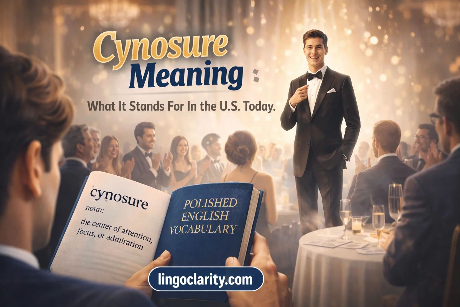 Illustration of a formal event where one person draws everyone’s attention, showing the meaning of cynosure.