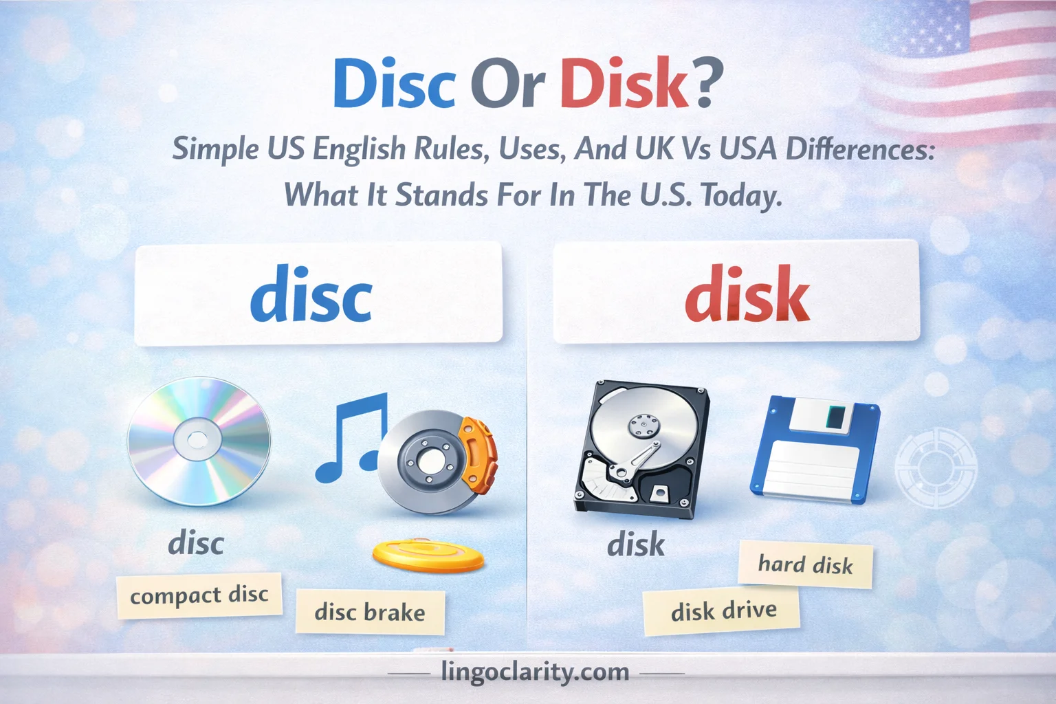 Comparison graphic showing disc and disk with examples from music, optical media, brakes, sports, and computer storage.
