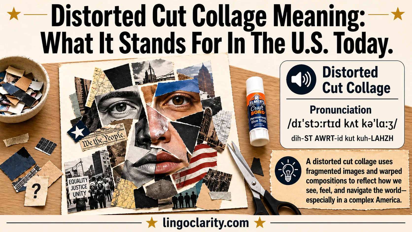 Cut photo fragments arranged into a distorted collage on a desk.