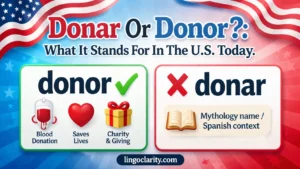 Editorial graphic showing donor as the correct standard English word and noting donar only in mythology or Spanish contexts.
