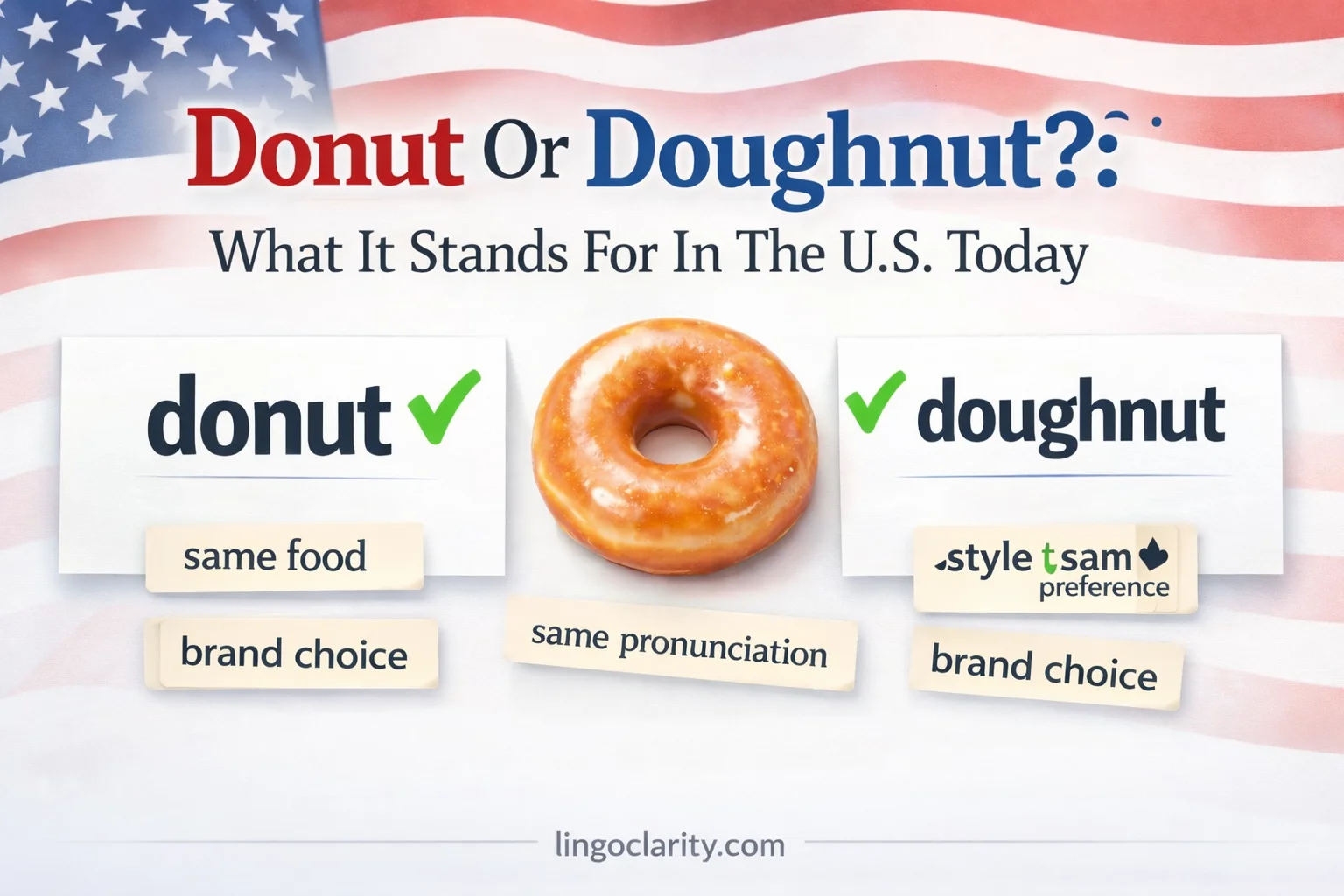 Editorial-style graphic comparing the spellings donut and doughnut in US English with a glazed pastry and notes about style and usage.