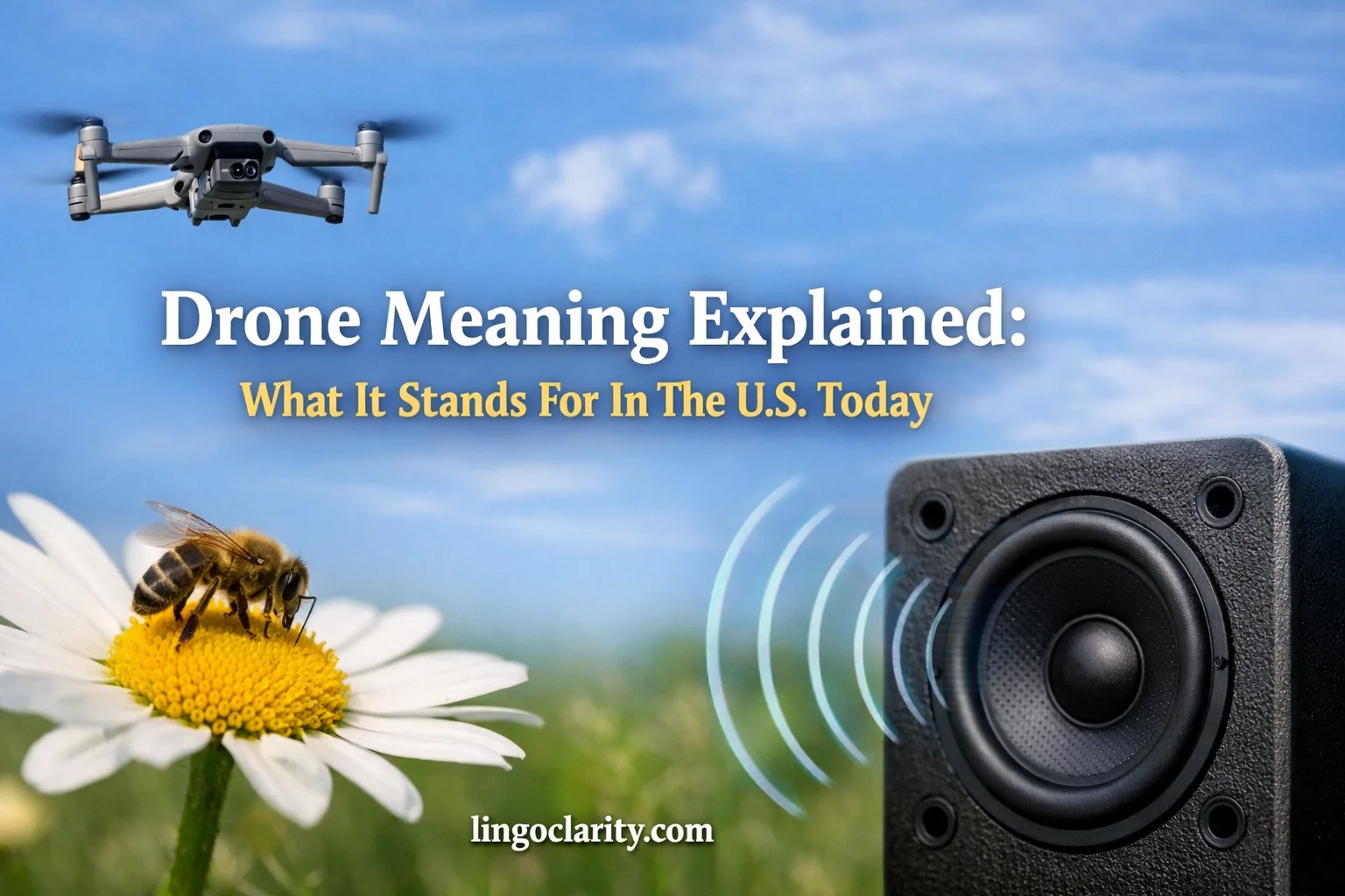 Illustration of a flying camera drone, a male bee, and sound waves showing the meanings of drone.