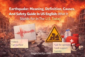 Earthquake meaning and safety guide showing Drop Cover Hold On steps with emergency kit