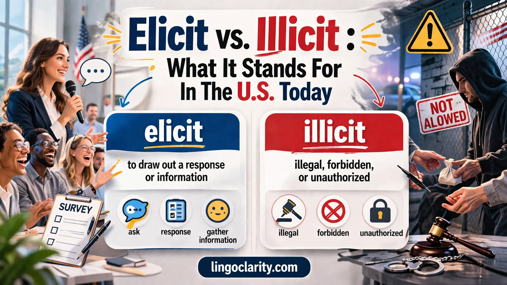 Side-by-side comparison graphic for elicit and illicit, showing elicit as drawing out a response and illicit as forbidden or illegal.