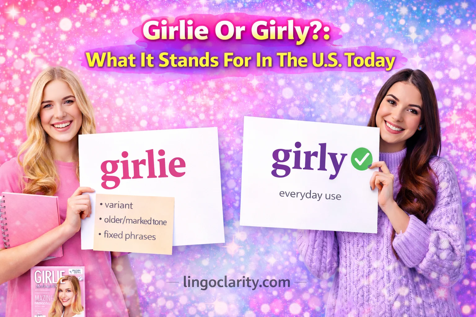 Editorial graphic comparing “girlie” and “girly,” with “girly” marked as the safer everyday US spelling and “girlie” shown as a variant used in certain contexts.