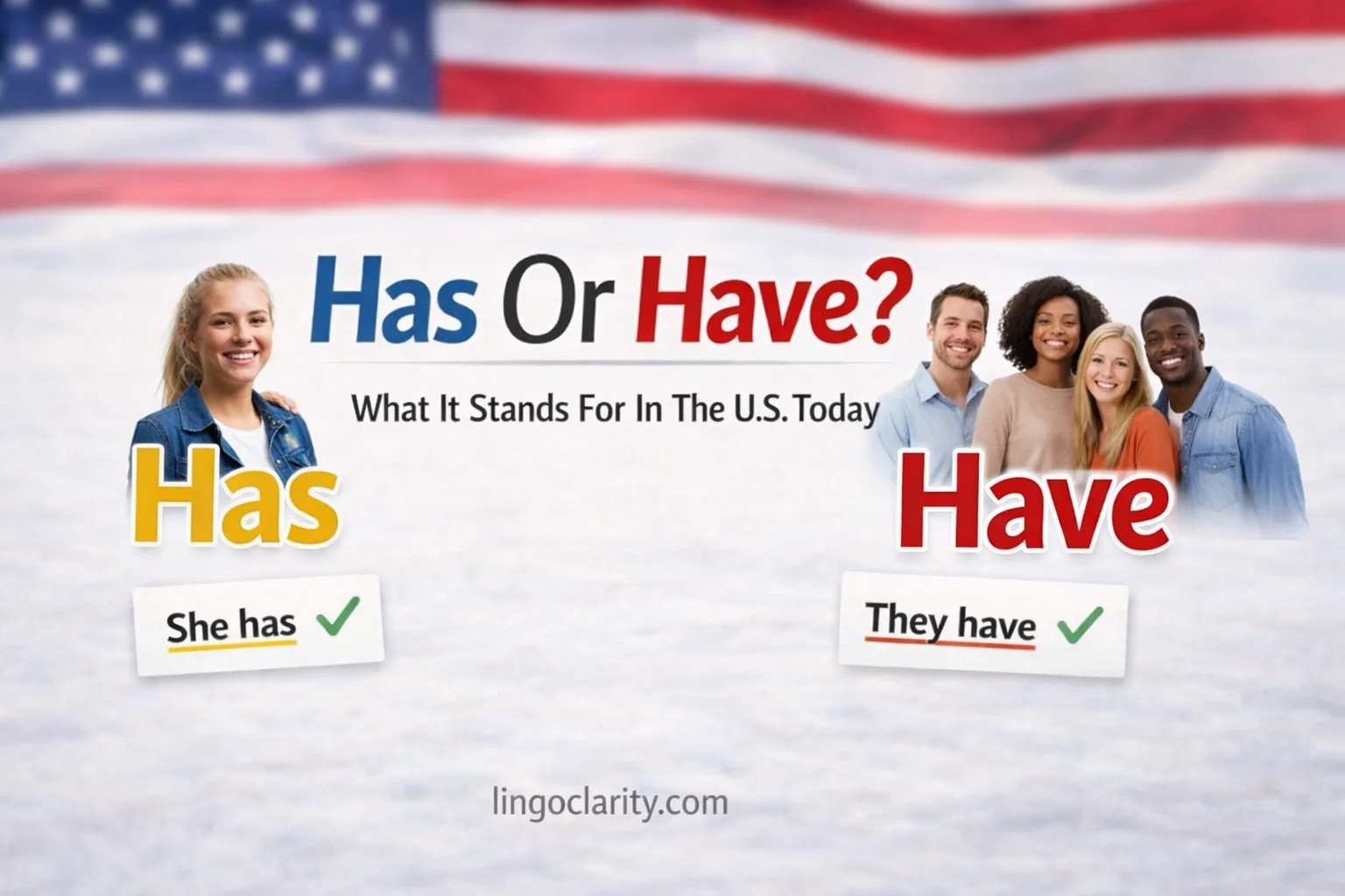 Editorial-style grammar graphic showing “has” with a singular subject and “have” with plural subjects