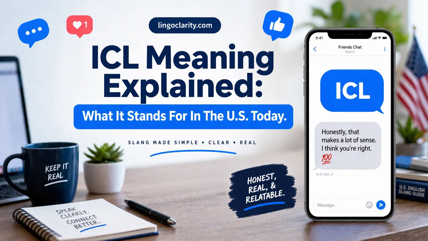 Phone screen showing “ICL” in a chat bubble for a guide about its meaning in casual online English.