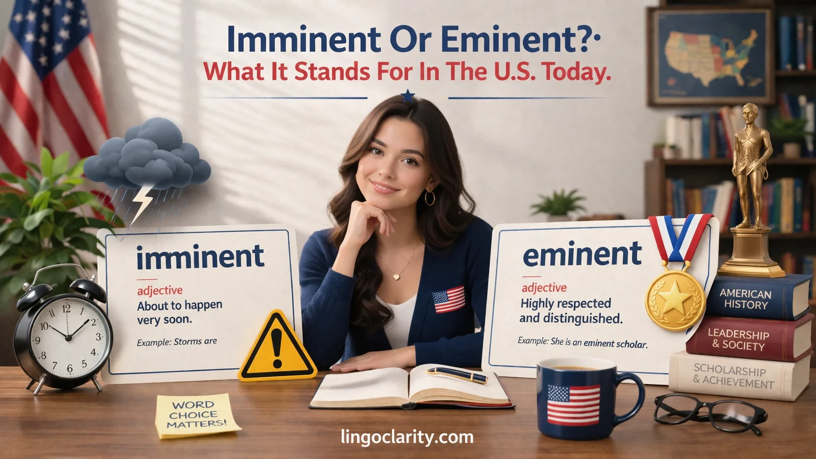 image showing the words “imminent” and “eminent,” with timing and reputation visual cues for a US English usage guide.