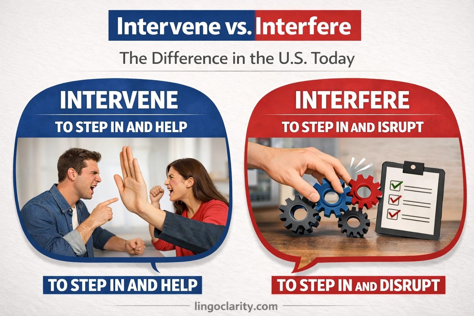 Side-by-side comparison graphic for intervene vs. interfere, showing helpful involvement versus unwanted disruption.