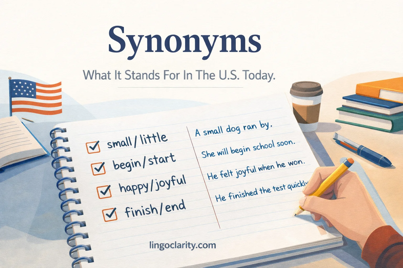 Notebook page showing English word pairs like small and little to explain synonyms.
