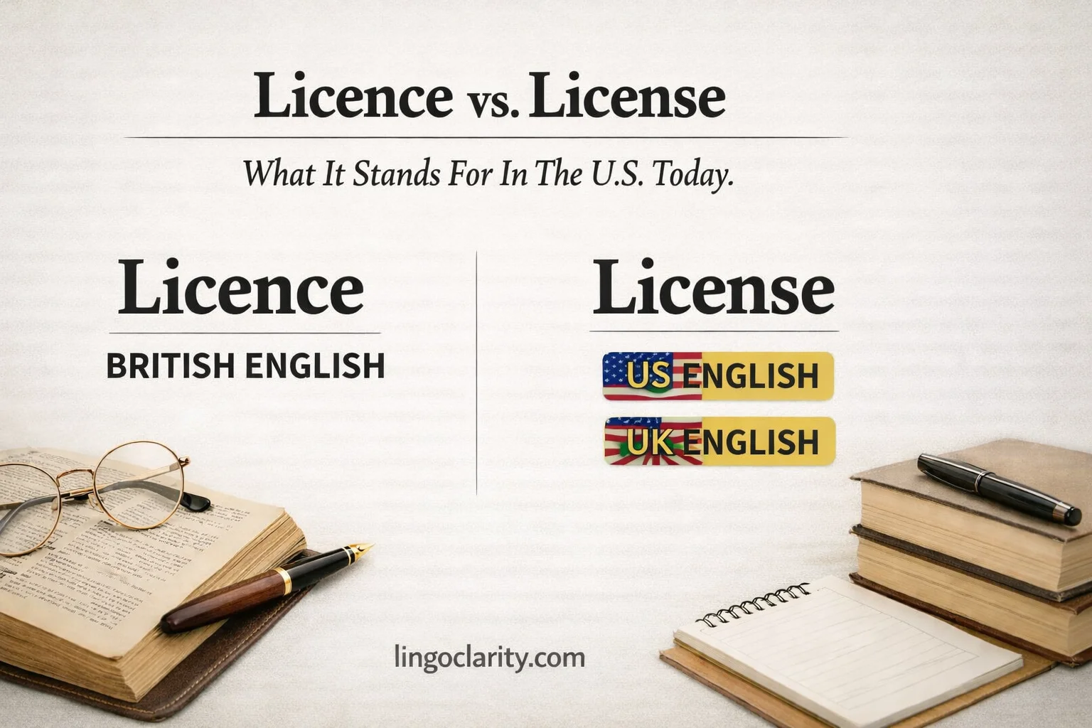 Side-by-side comparison graphic of “Licence” and “License” showing that “License” is the standard US choice.