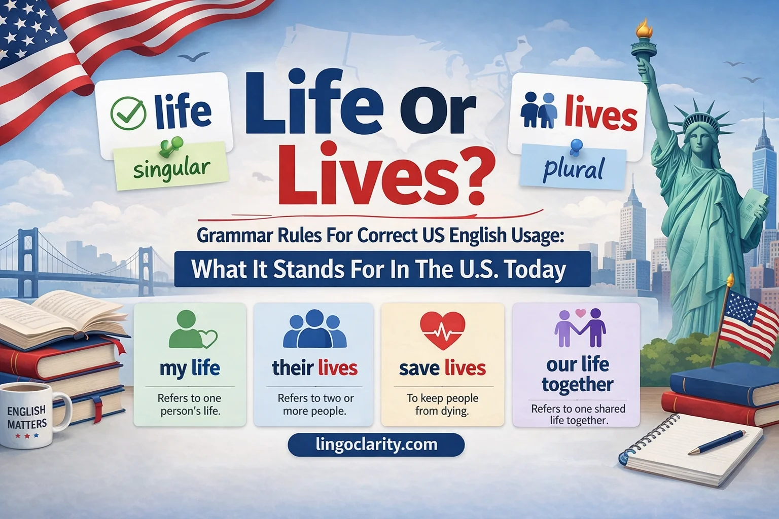 Editorial grammar image showing the words life and lives with singular and plural labels and simple example cards.