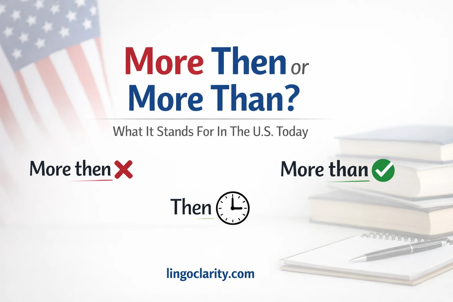 Editorial grammar guide image showing “more than” with a green check, “more then” with a red X, and “then” with a clock symbol for time or sequence.