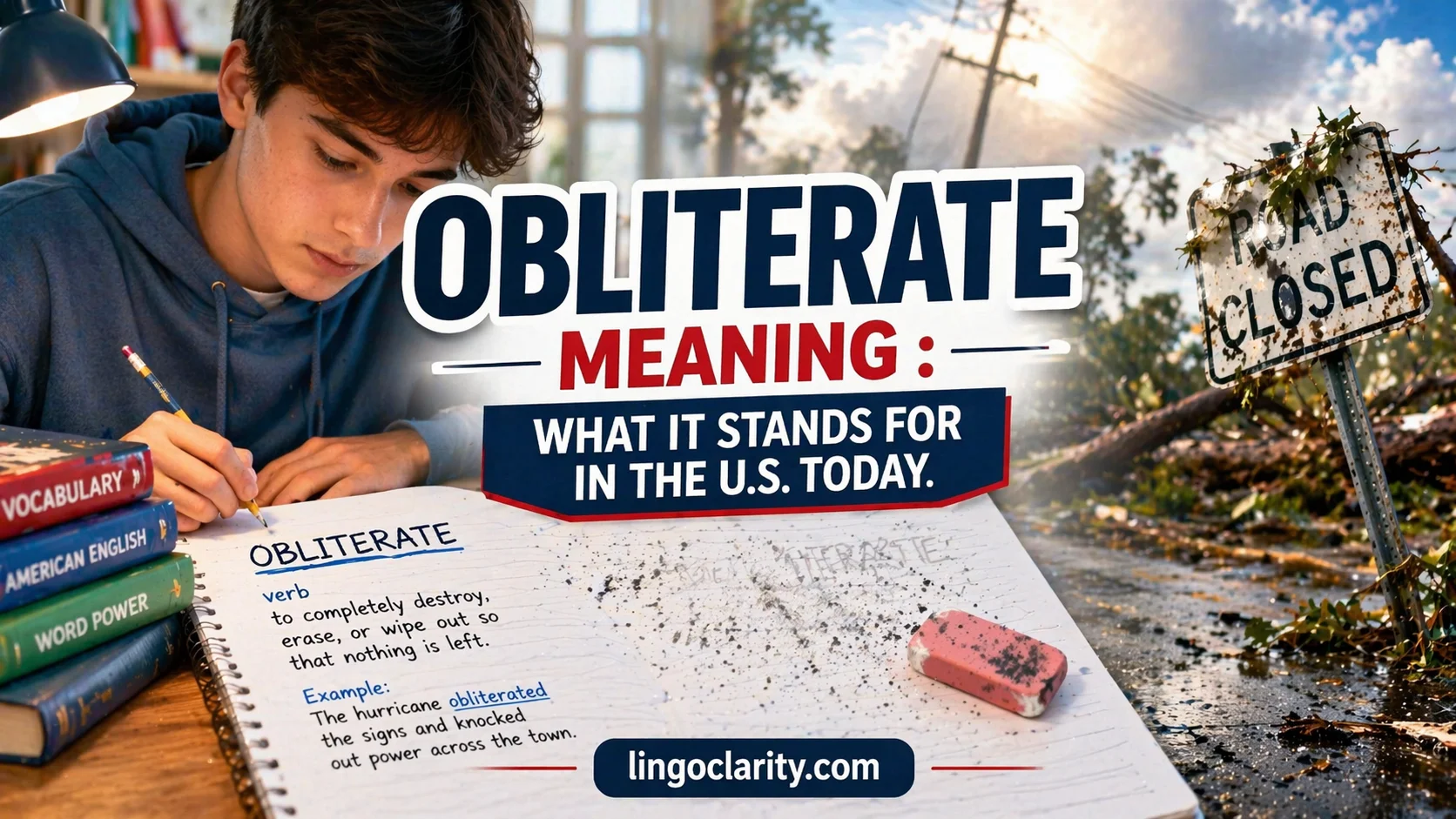 Student reviewing the word obliterate with erased marks and damaged signs to show complete removal and strong meaning.