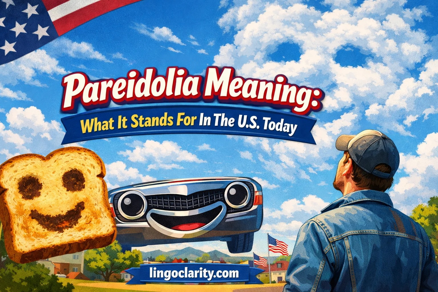 Person noticing face-like shapes in clouds, toast, and everyday objects to explain pareidolia.