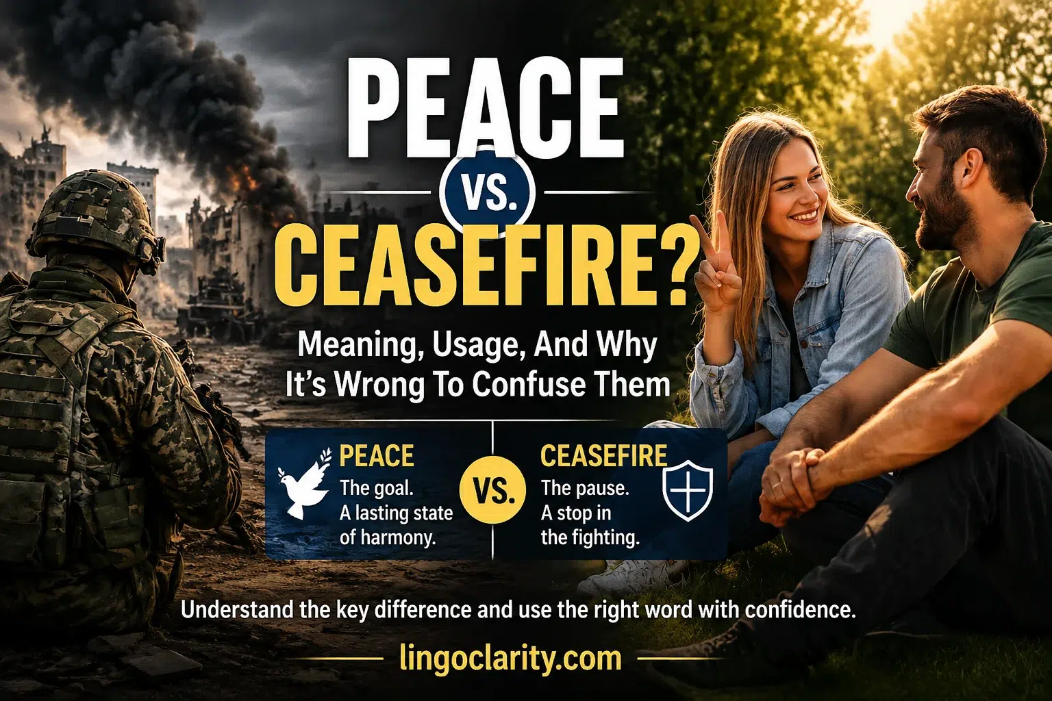 Peace vs. Ceasefire meaning comparison with war and harmony scenes explaining the difference between stopping fighting and achieving peace.