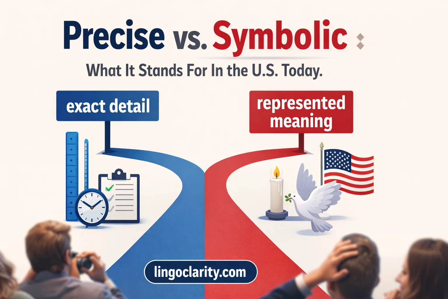 Illustration comparing precise language with symbolic meaning using clear detail icons and symbol-based icons.