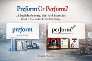 Educational word-choice graphic showing “perform” as the usual everyday choice and “preform” as a technical term for shaping something in advance.