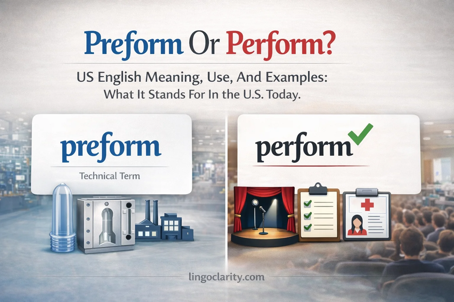 Educational word-choice graphic showing “perform” as the usual everyday choice and “preform” as a technical term for shaping something in advance.