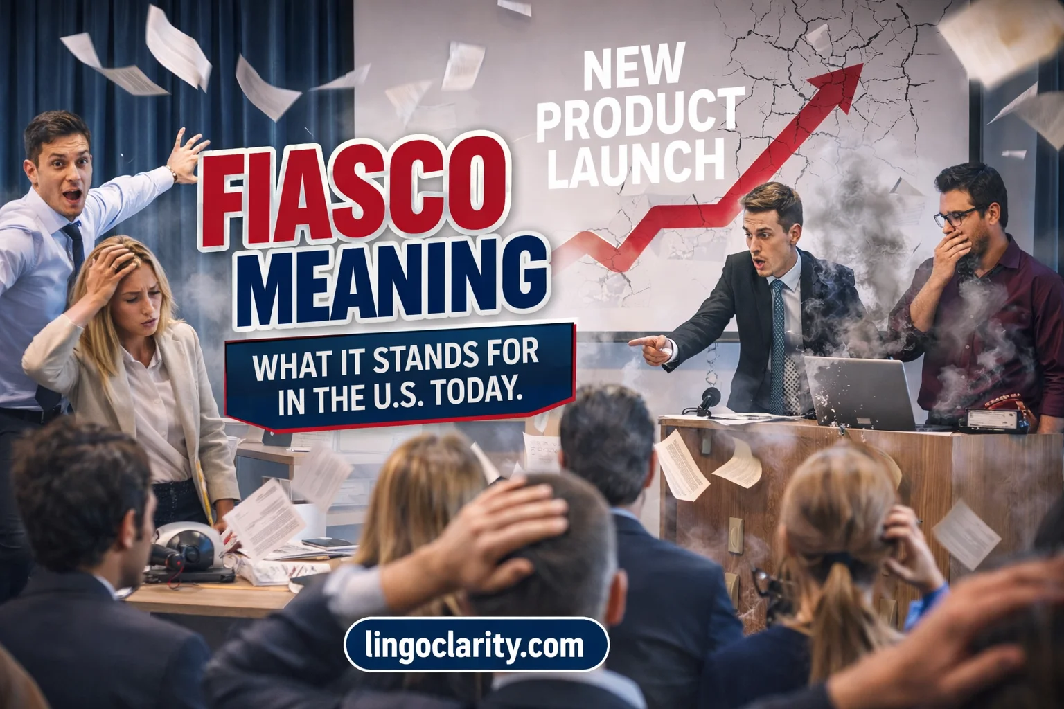 A chaotic event scene that visually represents a fiasco.