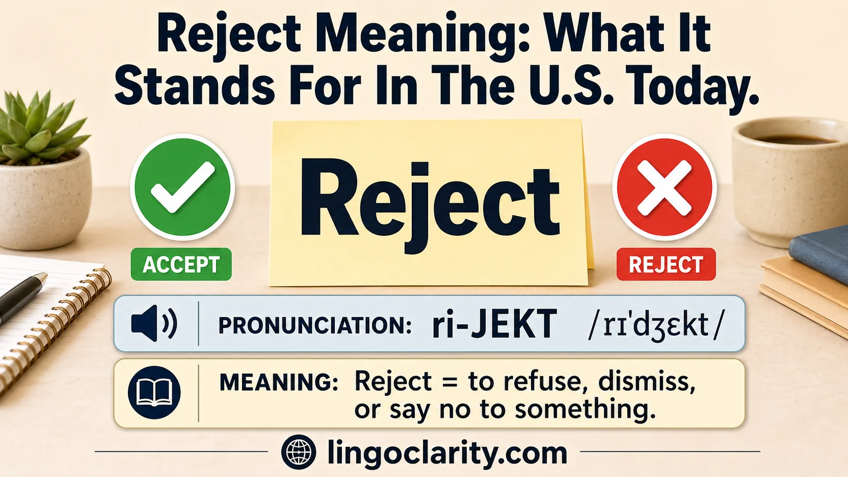 Vocabulary card explaining the word reject with checkmark and X icons and simple usage examples.