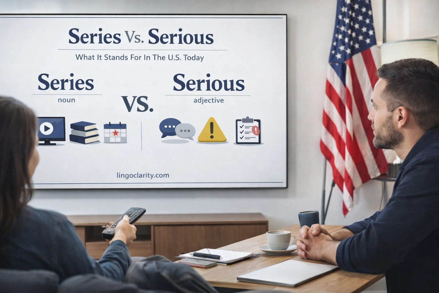 Side-by-side graphic comparing series and serious, showing that series is a noun and serious is an adjective.