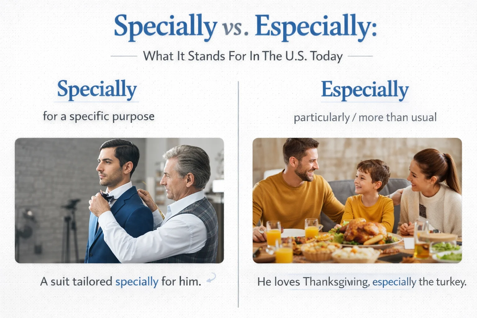 Comparison graphic for specially vs. especially with simple usage cues.