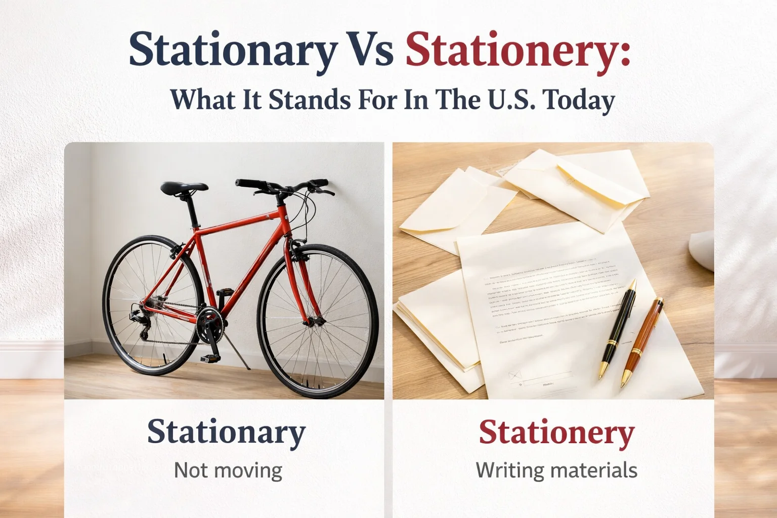Side-by-side visual showing stationary as something not moving and stationery as writing paper and supplies.