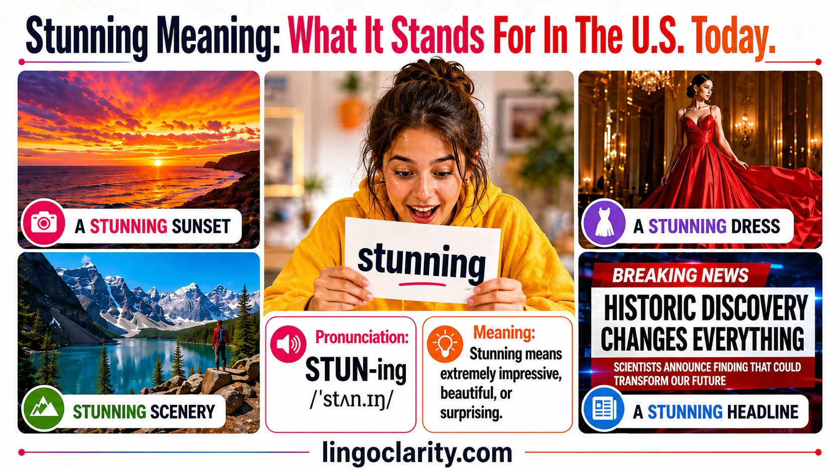 Student learning the meaning of stunning with visual examples.