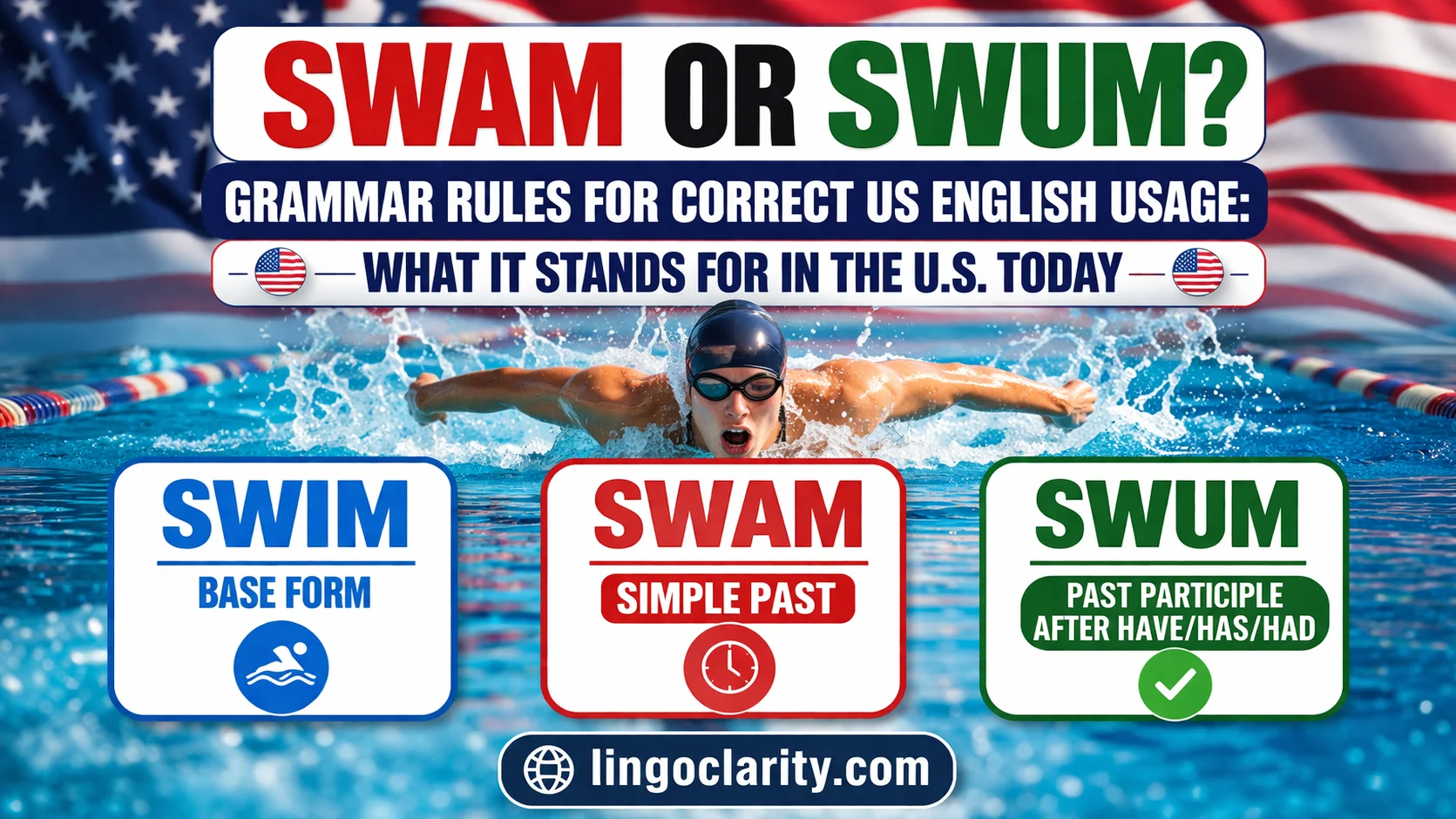 Editorial grammar image showing the verb forms swim, swam, and swum on an image, with swam labeled simple past and swum labeled past participle.