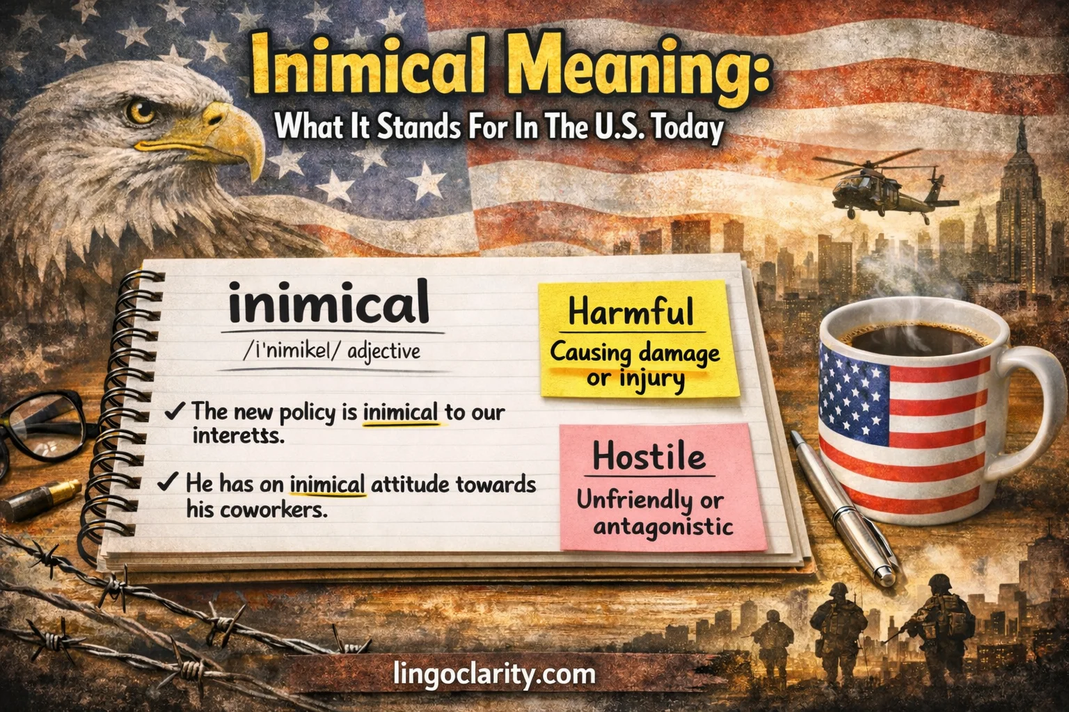 Notebook page explaining the word inimical with simple examples for English learners.