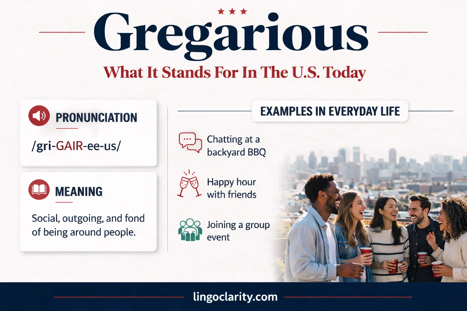 explaining the word gregarious with pronunciation, meaning, and simple usage examples.