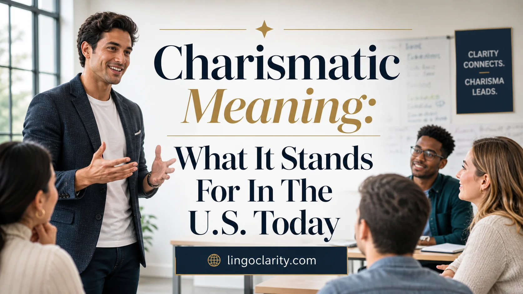 Confident speaker engaging a small group during a friendly conversation