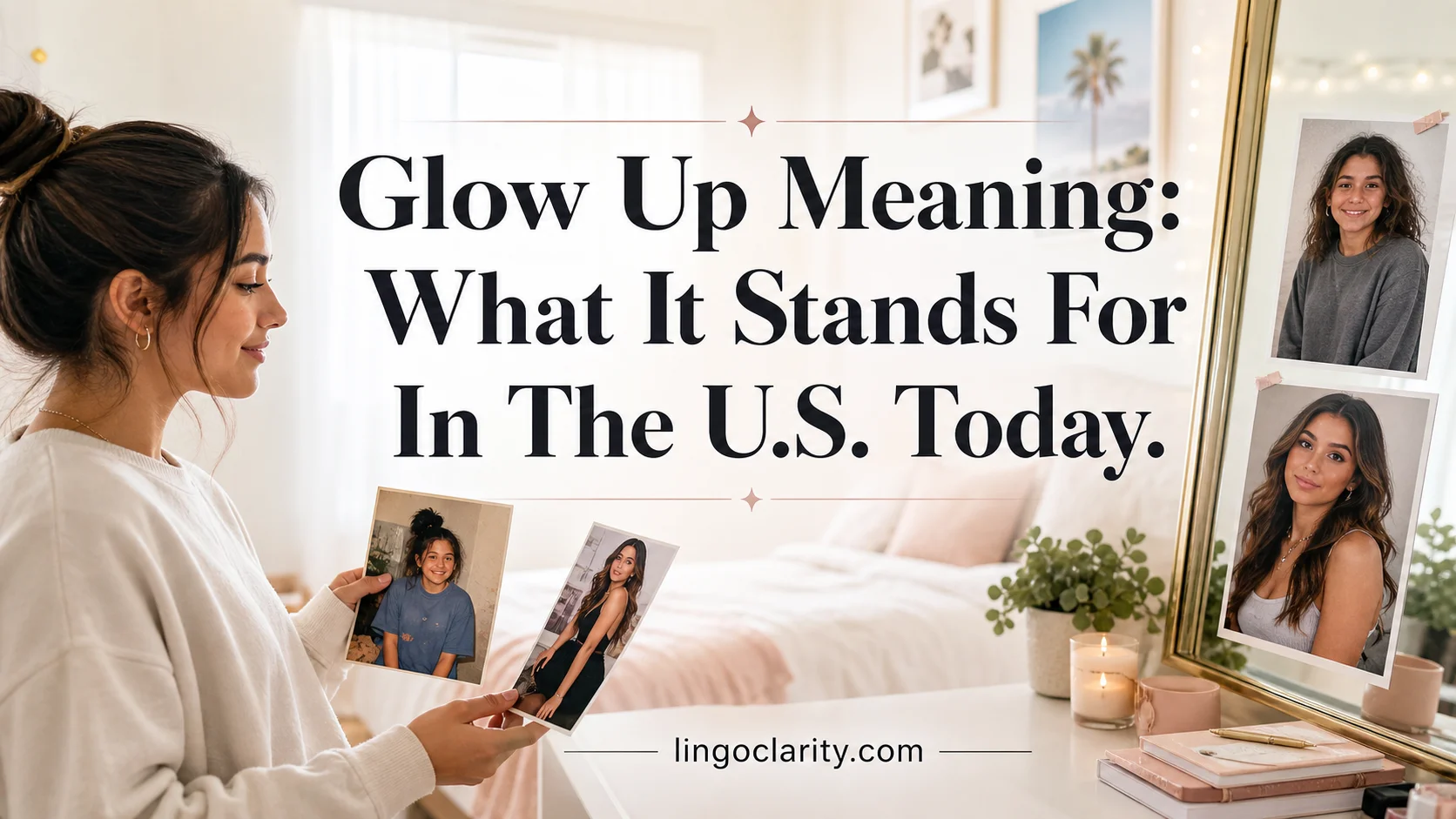 Person comparing old and new photos to show the meaning of glow up.
