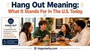 Friends relaxing together at a coffee shop to show the meaning of “hang out.”