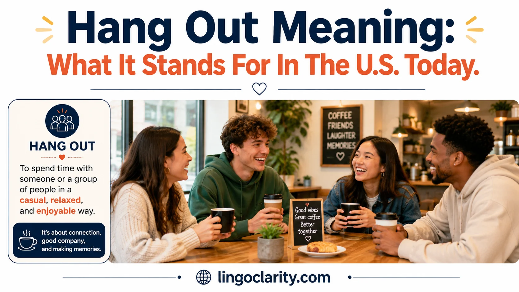 Friends relaxing together at a coffee shop to show the meaning of “hang out.”