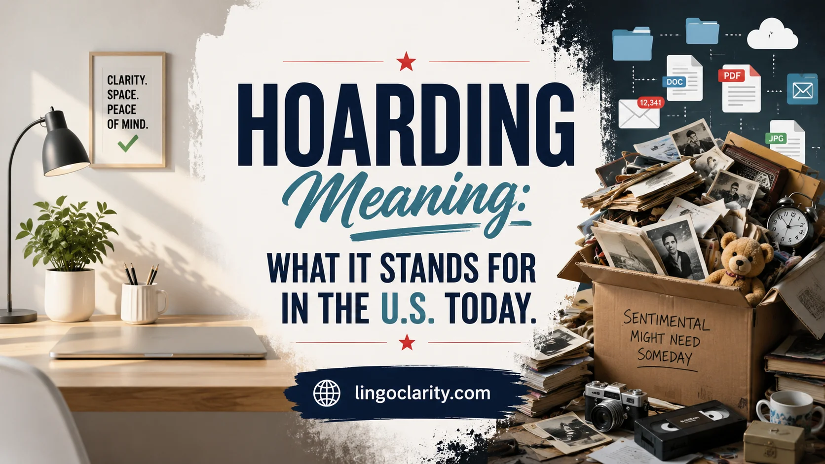 A tidy desk beside an overflowing box of saved items showing the meaning of hoarding.